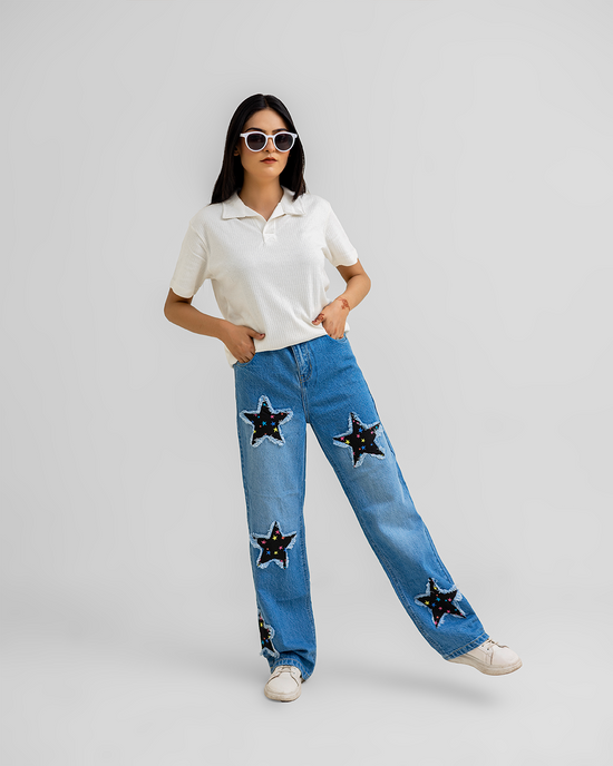 Star Cut Girls Wide Leg Denim Jeans