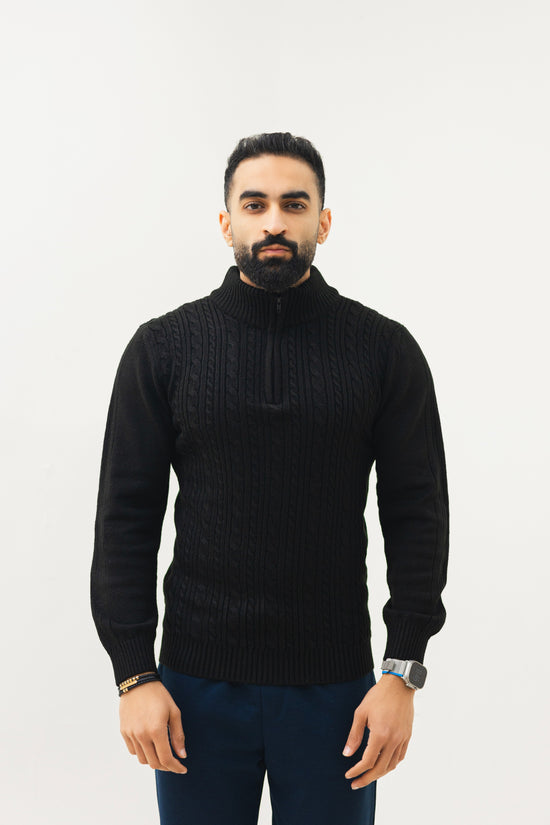 Executive Zipper Cable Knit Sweater Black
