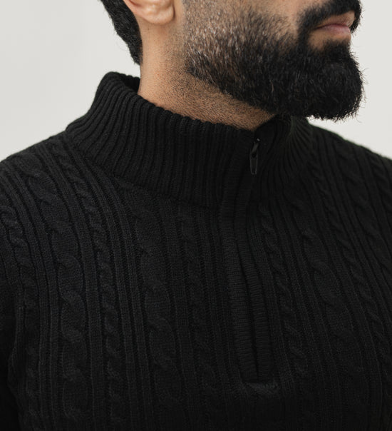 Executive Zipper Cable Knit Sweater Black