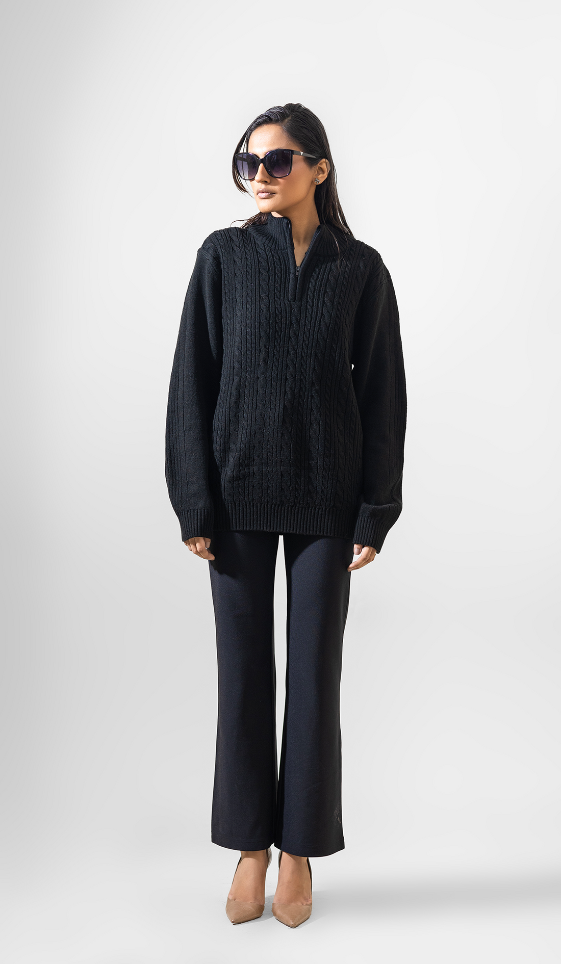 VOGUETELLA MEN'S ZIPPER CABLE KNIT SWEATER BLACK