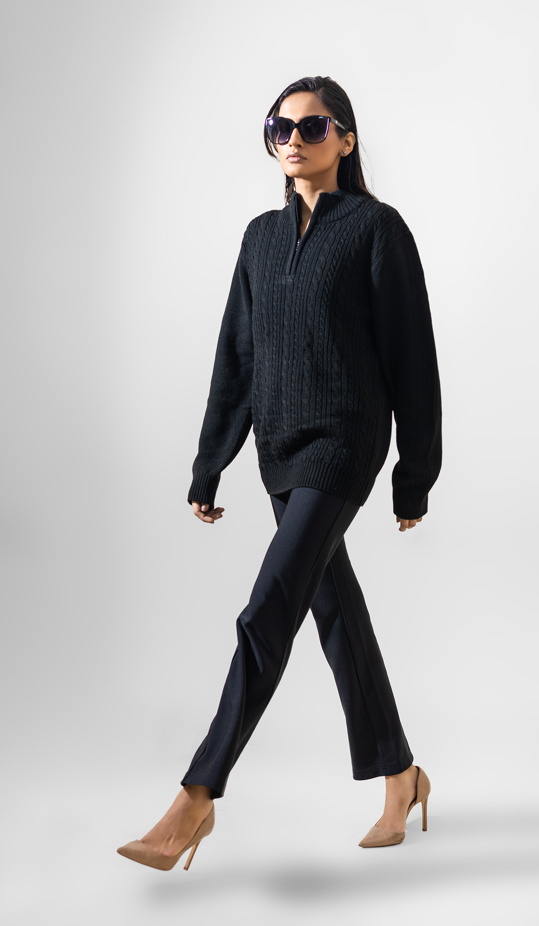 VOGUETELLA MEN'S ZIPPER CABLE KNIT SWEATER BLACK