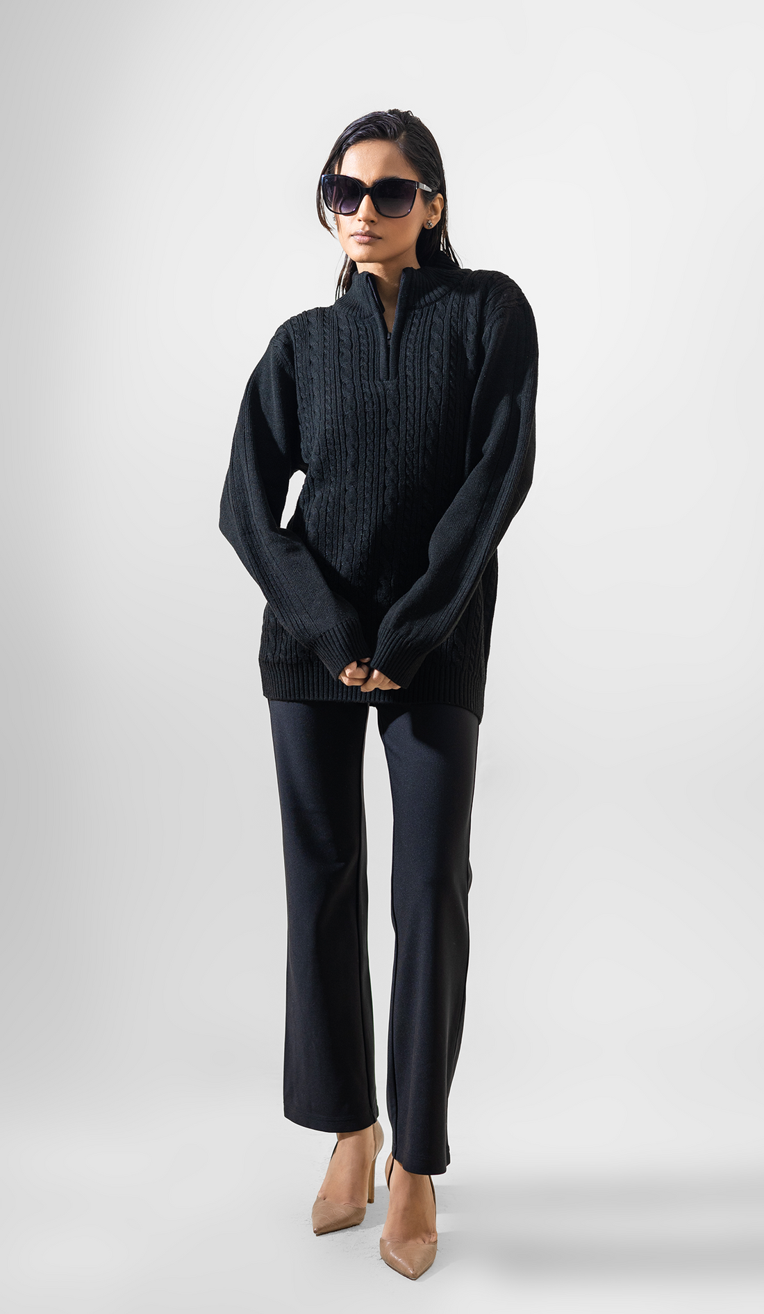 VOGUETELLA MEN'S ZIPPER CABLE KNIT SWEATER BLACK