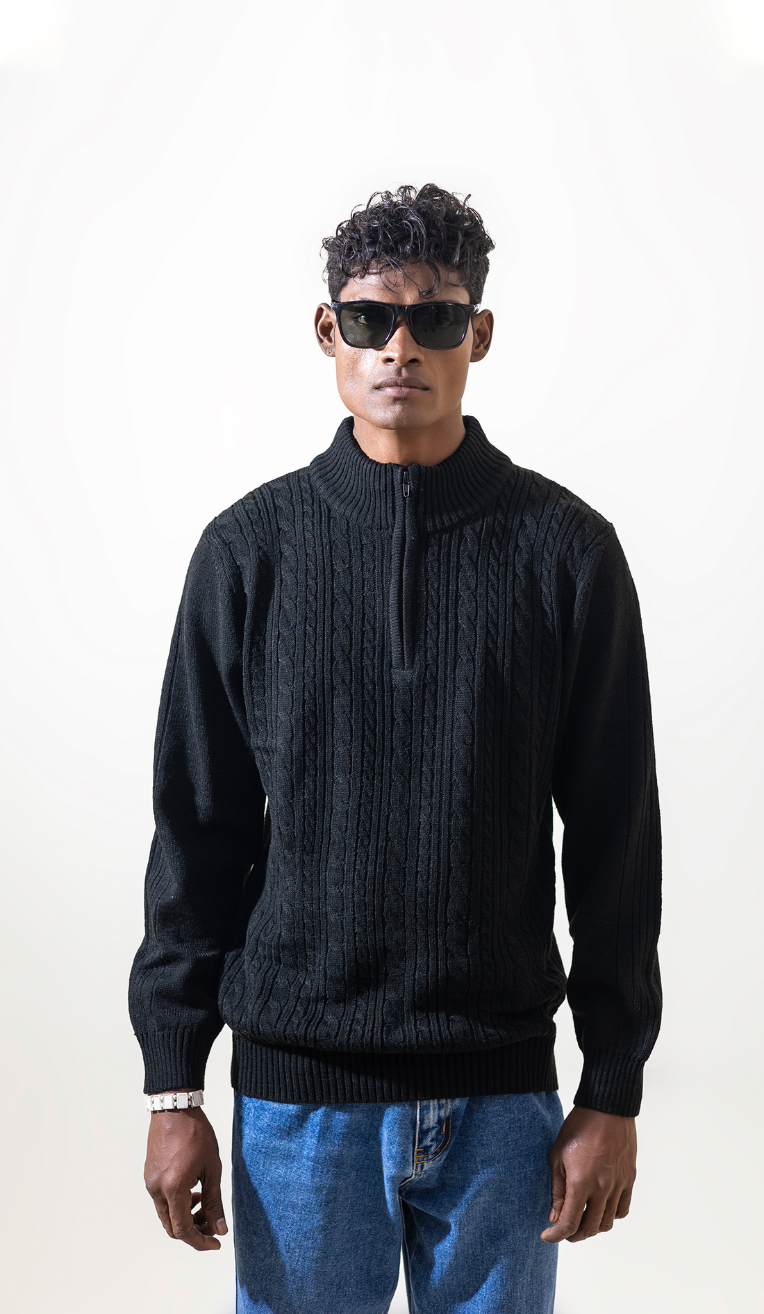 VOGUETELLA MEN'S ZIPPER CABLE KNIT SWEATER BLACK