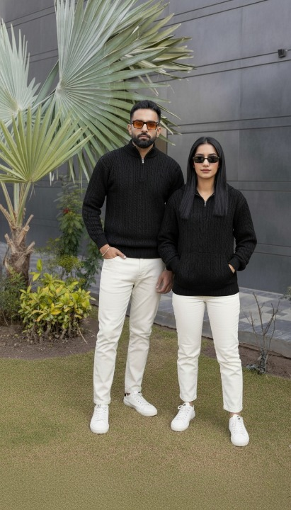 VOGUETELLA Executive Class Unisex Zipper Cable Knit Sweater Black